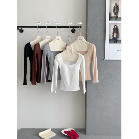 带胸垫弹力磨毛方领针织衫女秋季新款长袖加绒上衣潮 服裝批發女裝批發服飾貨源