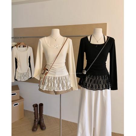 时尚芭蕾风蕾丝拼接挂脖针织衫女冬季黑色甜美内搭打底别致上衣潮 服裝批發女裝批發服飾貨源