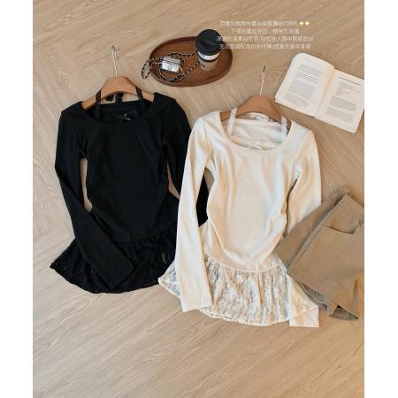 时尚芭蕾风蕾丝拼接挂脖针织衫女冬季黑色甜美内搭打底别致上衣潮 服裝批發女裝批發服飾貨源