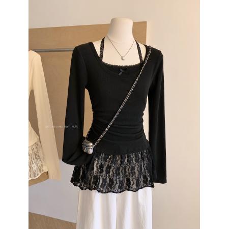 时尚芭蕾风蕾丝拼接挂脖针织衫女冬季黑色甜美内搭打底别致上衣潮 服裝批發女裝批發服飾貨源