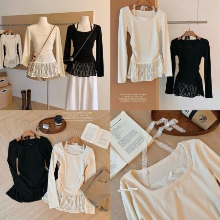 时尚芭蕾风蕾丝拼接挂脖针织衫女冬季黑色甜美内搭打底别致上衣潮 服裝批發女裝批發服飾貨源