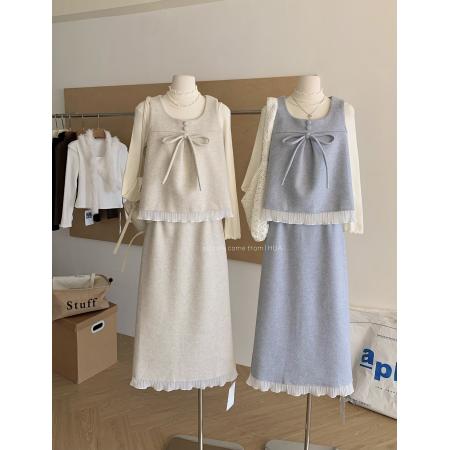 冬季新款蝴蝶结毛呢马甲背心+打底衫+百褶花边半身裙三件套女 服裝批發女裝批發服飾貨源