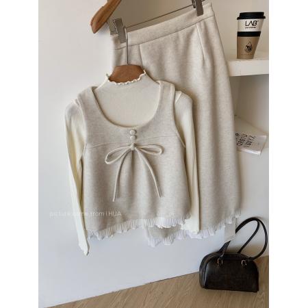 冬季新款蝴蝶结毛呢马甲背心+打底衫+百褶花边半身裙三件套女 服裝批發女裝批發服飾貨源