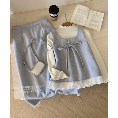 冬季新款蝴蝶结毛呢马甲背心+打底衫+百褶花边半身裙三件套女 服裝批發女裝批發服飾貨源