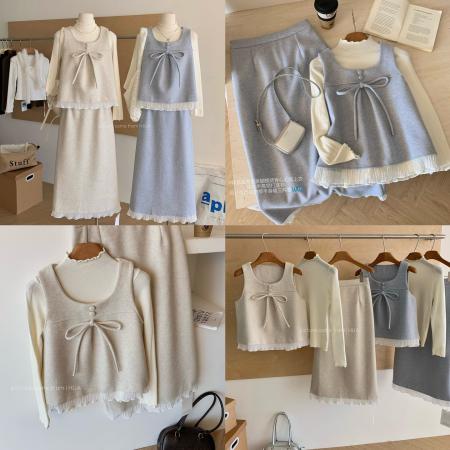 冬季新款蝴蝶结毛呢马甲背心+打底衫+百褶花边半身裙三件套女 服裝批發女裝批發服飾貨源