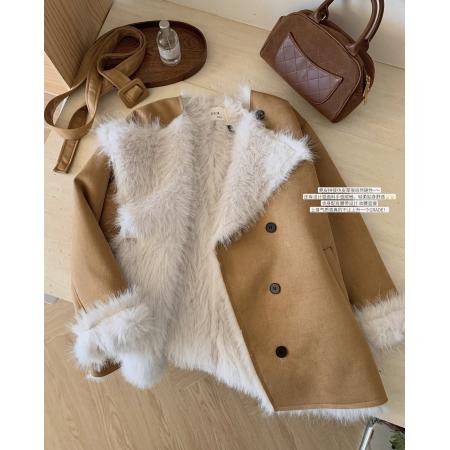EIA一尧旧日咖啡馆韩系皮草外套女秋冬大翻领仿麂皮绒大衣 服裝批發女裝批發服飾貨源