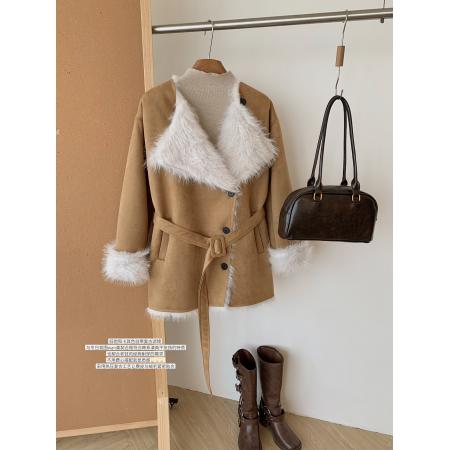 EIA一尧旧日咖啡馆韩系皮草外套女秋冬大翻领仿麂皮绒大衣 服裝批發女裝批發服飾貨源