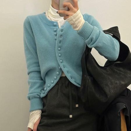 韩版ins超火圆领单排扣毛针织开衫 服裝批發女裝批發服飾貨源
