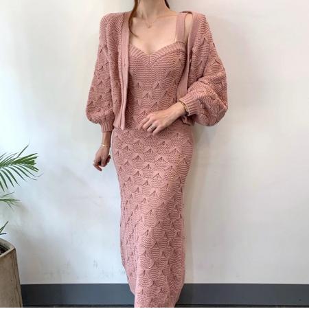 韩国chic法式单排扣灯笼袖针织开衫外套加重工纹理毛衣连衣裙长裙 服裝批發女裝批發服飾貨源