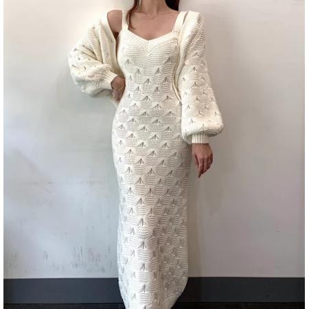 韩国chic法式单排扣灯笼袖针织开衫外套加重工纹理毛衣连衣裙长裙 服裝批發女裝批發服飾貨源