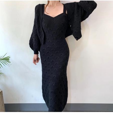 韩国chic法式单排扣灯笼袖针织开衫外套加重工纹理毛衣连衣裙长裙 服裝批發女裝批發服飾貨源