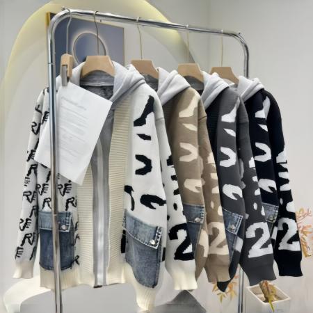 韩版字母潮酷拼接毛衣外套女秋冬新款时尚针织牛仔拼接上衣 服裝批發女裝批發服飾貨源