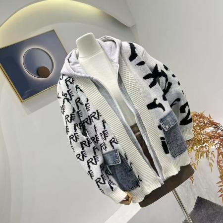 韩版字母潮酷拼接毛衣外套女秋冬新款时尚针织牛仔拼接上衣 服裝批發女裝批發服飾貨源