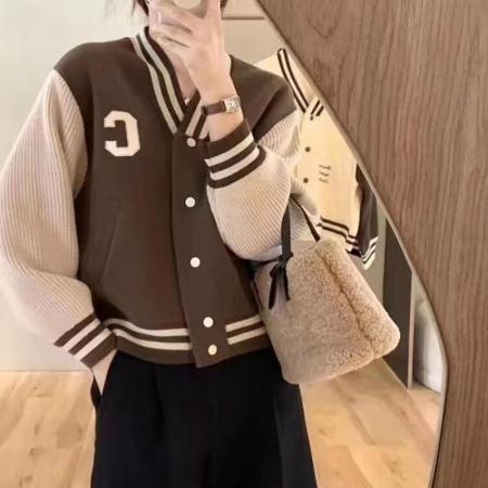 v领学院风洋气撞色字母棒球服针织毛呢外套女宽松短款潮冬加厚 服裝批發女裝批發服飾貨源