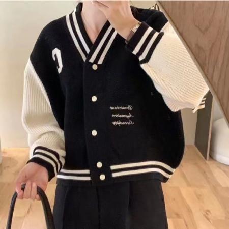 v领学院风洋气撞色字母棒球服针织毛呢外套女宽松短款潮冬加厚 服裝批發女裝批發服飾貨源