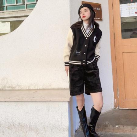 v领学院风洋气撞色字母棒球服针织毛呢外套女宽松短款潮冬加厚 服裝批發女裝批發服飾貨源