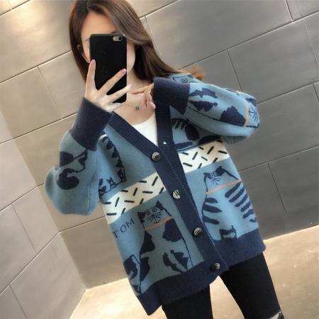 满身卡通猫咪提花毛衣外套女春装韩版V领单排扣宽松慵懒针织开衫 服裝批發女裝批發服飾貨源