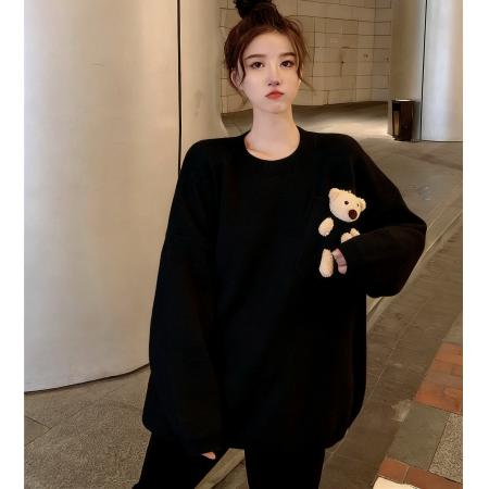 小熊宽松慵懒风毛衣女套头卡通内搭打底针织衫韩版紫色新款 服裝批發女裝批發服飾貨源