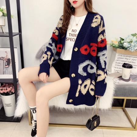 中长款宽松韩版针织字母开衫女新款中长款慵懒风毛衣外套 服裝批發女裝批發服飾貨源