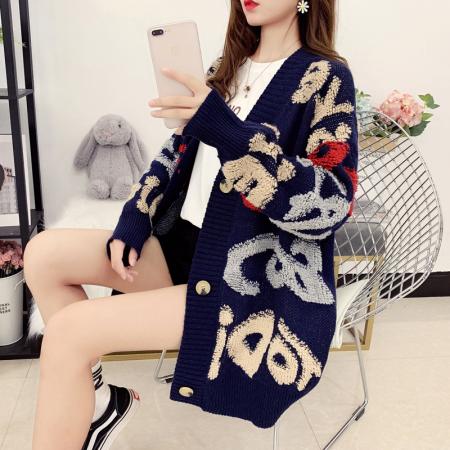 中长款宽松韩版针织字母开衫女新款中长款慵懒风毛衣外套 服裝批發女裝批發服飾貨源