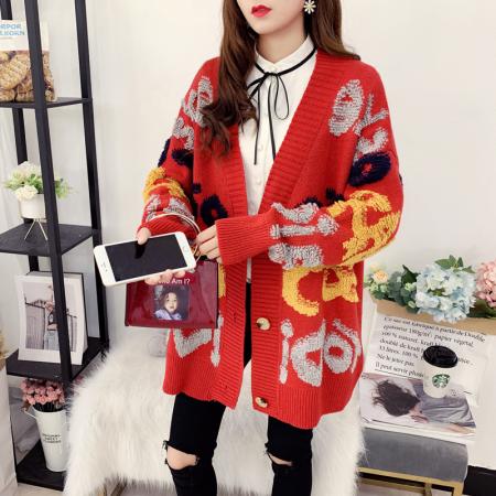 中长款宽松韩版针织字母开衫女新款中长款慵懒风毛衣外套 服裝批發女裝批發服飾貨源