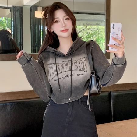 FA50543# 美式复古渐变短款套头连帽卫衣女立体母印花抽绳显瘦高级上衣 服裝批發女裝批發服飾貨源