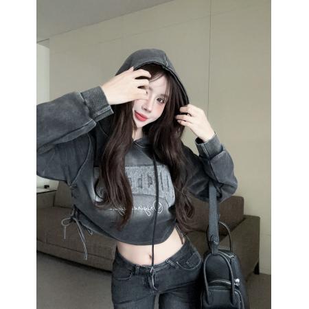 FA50545# 美式复古渐变短款套头连帽卫衣女立体母印花抽绳显瘦高级上衣 服裝批發女裝批發服飾貨源