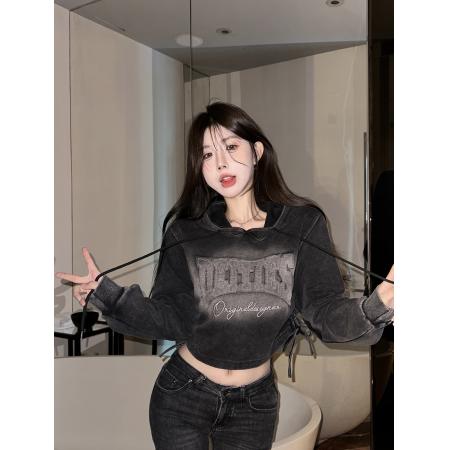 FA50545# 美式复古渐变短款套头连帽卫衣女立体母印花抽绳显瘦高级上衣 服裝批發女裝批發服飾貨源