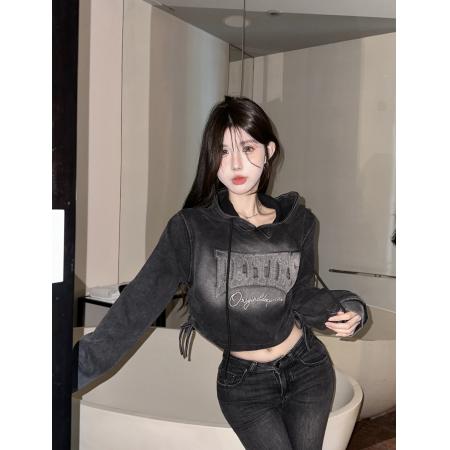 FA50545# 美式复古渐变短款套头连帽卫衣女立体母印花抽绳显瘦高级上衣 服裝批發女裝批發服飾貨源