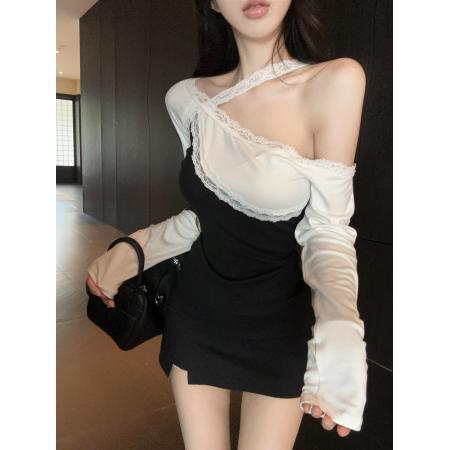 FA50548# 纯欲辣妹斜肩蕾丝拼色长袖露肩修身上衣 服裝批發女裝批發服飾貨源
