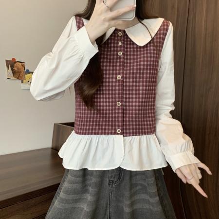 FA50551# 新版韩风设计感拼色格子拼接木耳边上衣衬衫 服裝批發女裝批發服飾貨源