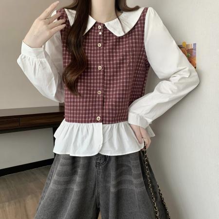 FA50551# 新版韩风设计感拼色格子拼接木耳边上衣衬衫 服裝批發女裝批發服飾貨源