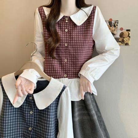 FA50551# 新版韩风设计感拼色格子拼接木耳边上衣衬衫 服裝批發女裝批發服飾貨源