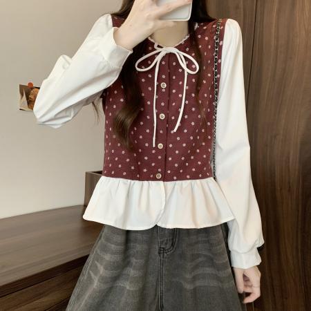 FA50552# 新版韩风设计感拼色拼接木耳边上衣衬衫 服裝批發女裝批發服飾貨源