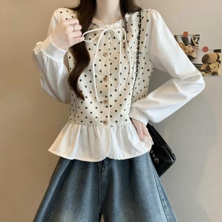 FA50552# 新版韩风设计感拼色拼接木耳边上衣衬衫 服裝批發女裝批發服飾貨源