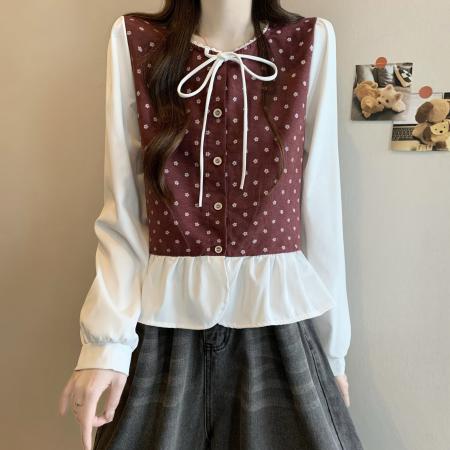 FA50552# 新版韩风设计感拼色拼接木耳边上衣衬衫 服裝批發女裝批發服飾貨源