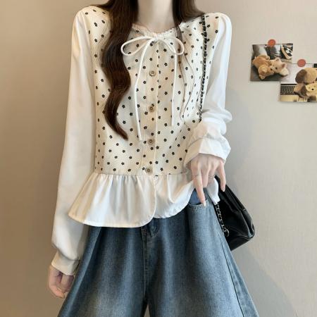 FA50552# 新版韩风设计感拼色拼接木耳边上衣衬衫 服裝批發女裝批發服飾貨源