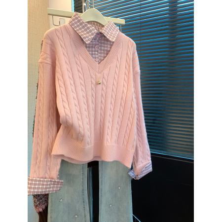 FA50555# 假两件polo领长袖毛衣女装秋冬格子拼接针织衫粉色打底上衣 服裝批發女裝批發服飾貨源