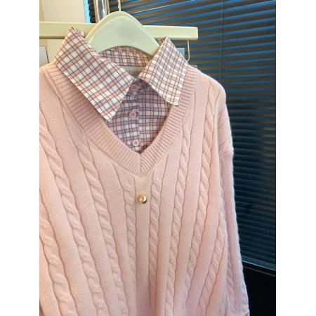 FA50555# 假两件polo领长袖毛衣女装秋冬格子拼接针织衫粉色打底上衣 服裝批發女裝批發服飾貨源