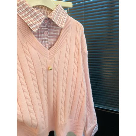 FA50555# 假两件polo领长袖毛衣女装秋冬格子拼接针织衫粉色打底上衣 服裝批發女裝批發服飾貨源