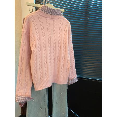 FA50555# 假两件polo领长袖毛衣女装秋冬格子拼接针织衫粉色打底上衣 服裝批發女裝批發服飾貨源