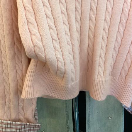 FA50555# 假两件polo领长袖毛衣女装秋冬格子拼接针织衫粉色打底上衣 服裝批發女裝批發服飾貨源