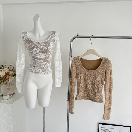 FA50556# Hotdog热狗很辣缪斯如梦精致气质蕾丝蝴蝶结短款长袖U领上衣 服裝批發女裝批發服飾貨源