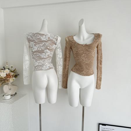 FA50556# Hotdog热狗很辣缪斯如梦精致气质蕾丝蝴蝶结短款长袖U领上衣 服裝批發女裝批發服飾貨源