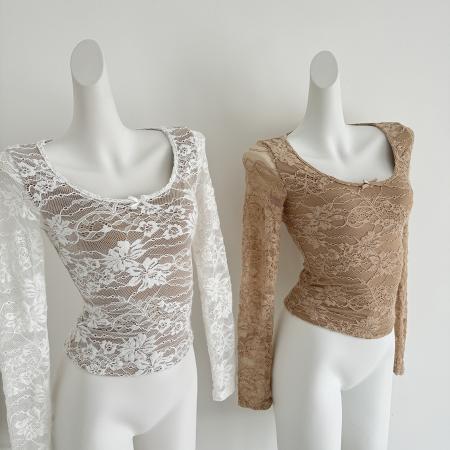 FA50556# Hotdog热狗很辣缪斯如梦精致气质蕾丝蝴蝶结短款长袖U领上衣 服裝批發女裝批發服飾貨源