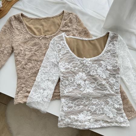 FA50556# Hotdog热狗很辣缪斯如梦精致气质蕾丝蝴蝶结短款长袖U领上衣 服裝批發女裝批發服飾貨源