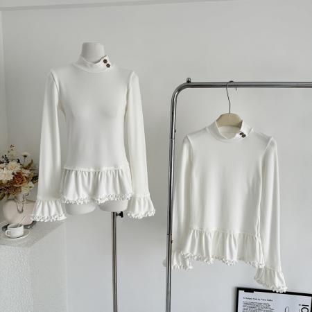 FA50557# 设计感磨毛长袖木耳边上衣女冬不规则翻领修身显瘦内搭打底衫 服裝批發女裝批發服飾貨源