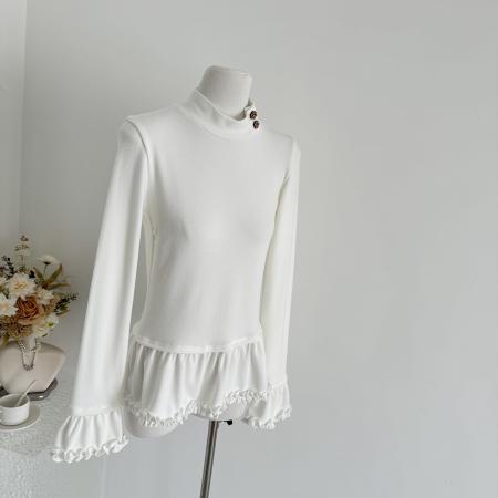 FA50557# 设计感磨毛长袖木耳边上衣女冬不规则翻领修身显瘦内搭打底衫 服裝批發女裝批發服飾貨源