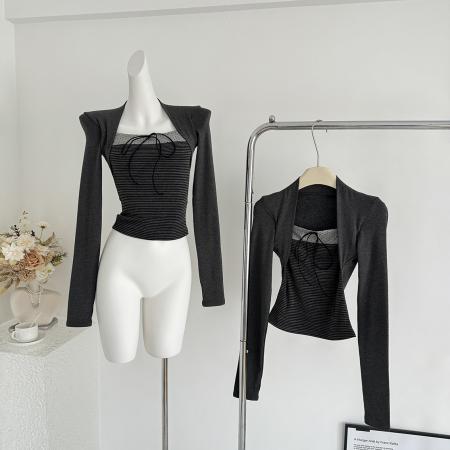 FA50558# 江江自制韩系撞色蝴蝶结系带波点元素坎肩假两件上衣T恤女 服裝批發女裝批發服飾貨源