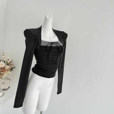 FA50558# 江江自制韩系撞色蝴蝶结系带波点元素坎肩假两件上衣T恤女 服裝批發女裝批發服飾貨源